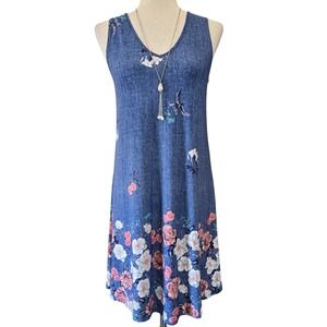 SJS Floral‎ Sleeveless Dress Denim Look Blue Size 8 Petite Sundress w Necklace
